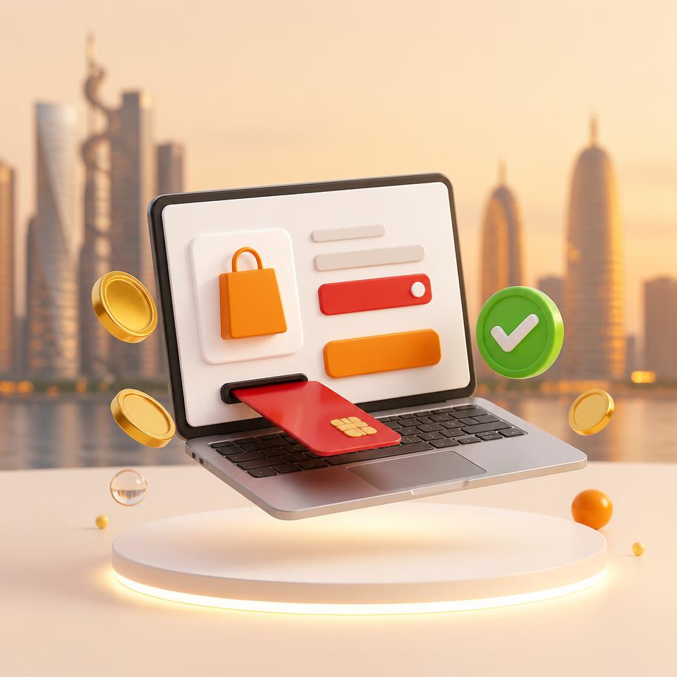 Glossy 3D laptop showing an online checkout page with an orange pay button, a red card sliding into the screen, gold coins and a green tick, on a glowing podium with the Doha skyline behind it
