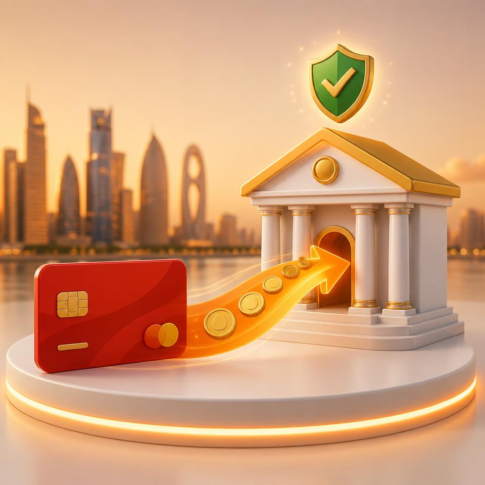Glossy 3D red payment card sending gold coins along a glowing orange arrow into a bank building, with a green security shield above, on a podium with the Doha skyline behind