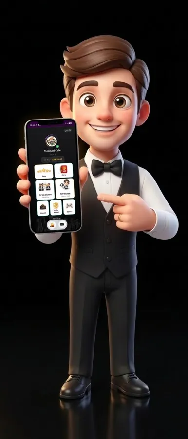 Orderaty mascot presenting the guest app on a phone