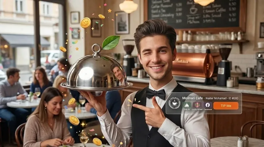 Orderaty waiter mascot holding a tray with a QR code for digital tipping